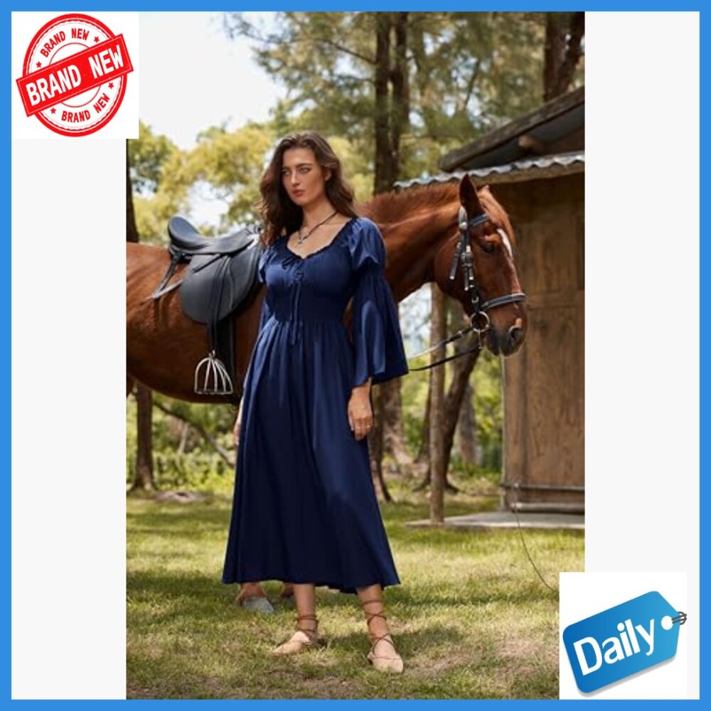 Medieval Renaissance Dress Long Bell Sleeve A-Line Maxi Pull On - Picture 3 of 7